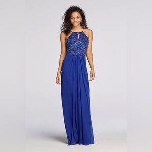 Blondie Nites Royal Blue Beaded Halter Formal Dress with Keyhole Juniors Size 3